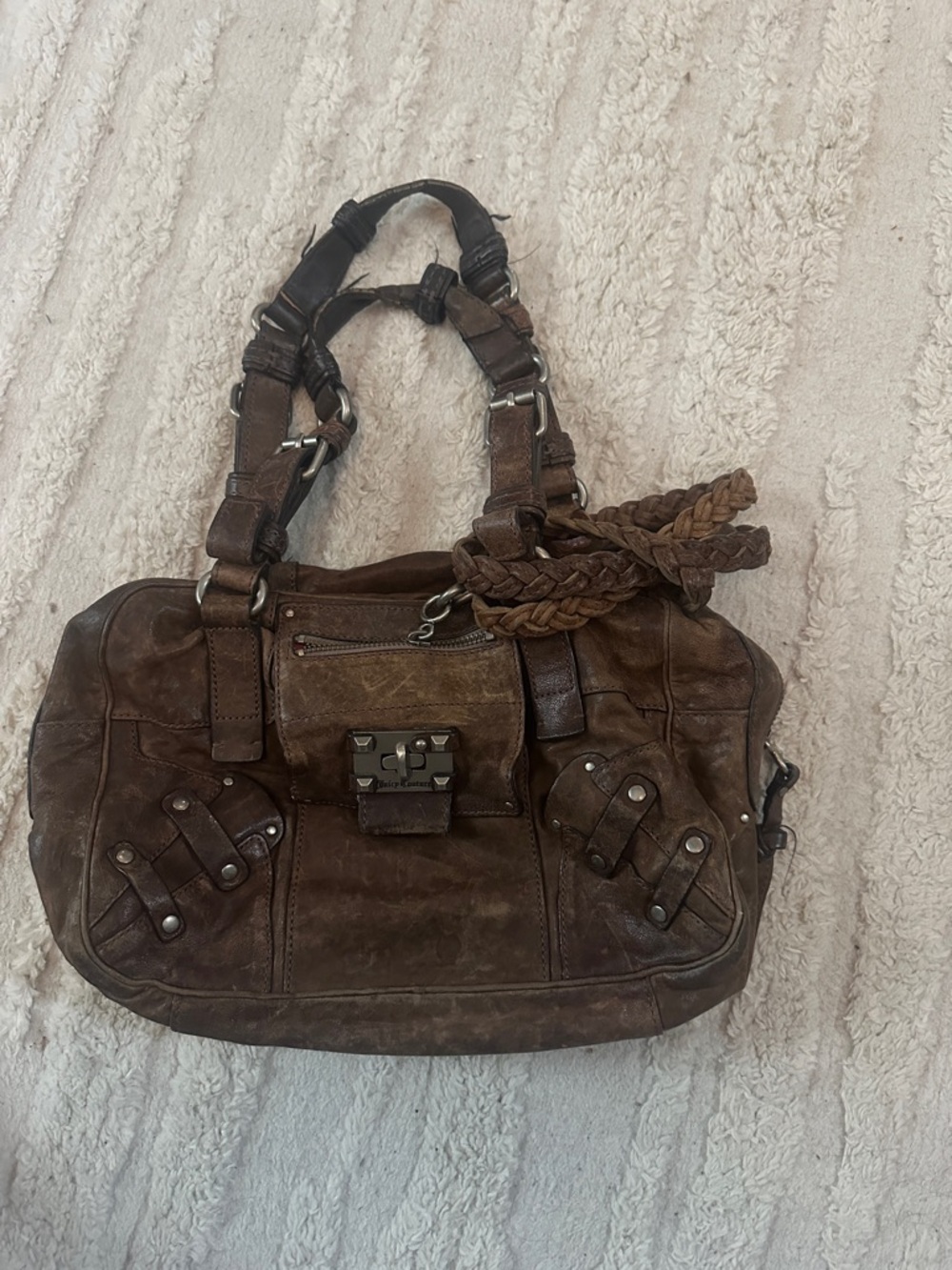 Juicy Couture Y2K vintage Brown Braided-Accent Leather Shoulder Bag